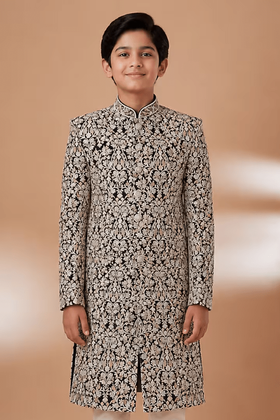 Blue Tussar Hand & Machine Embroidered Sherwani Set For Boys - Image 4