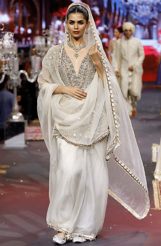 Ivory Organza Mirror Embroidered Saree Set