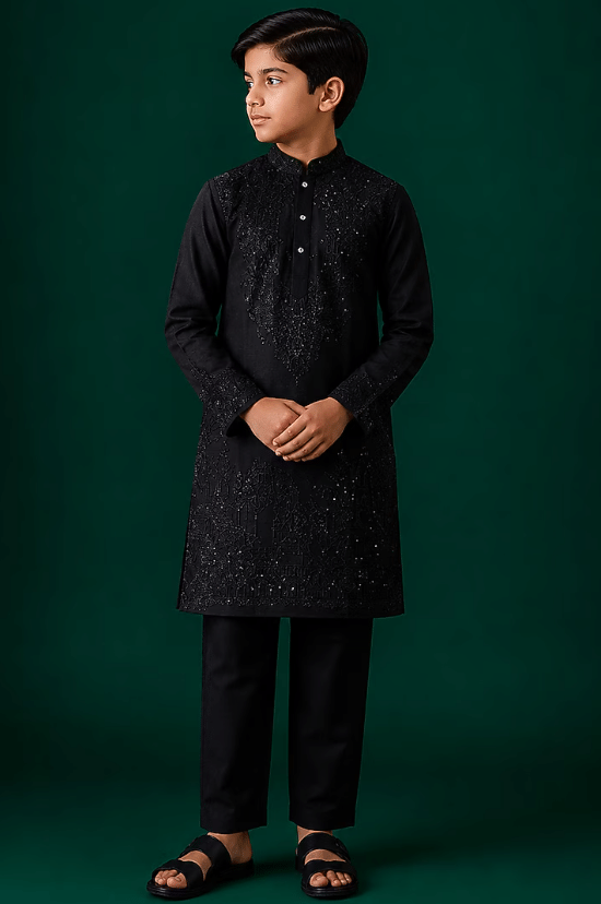 Black Tussar Hand & Machine Embroidered Kurta Set For Boys