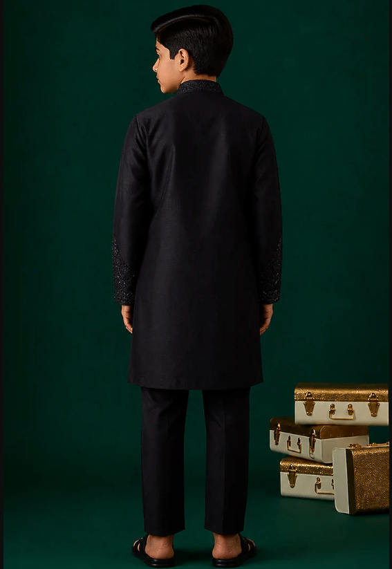 Black Tussar Hand & Machine Embroidered Kurta Set For Boys - Image 2