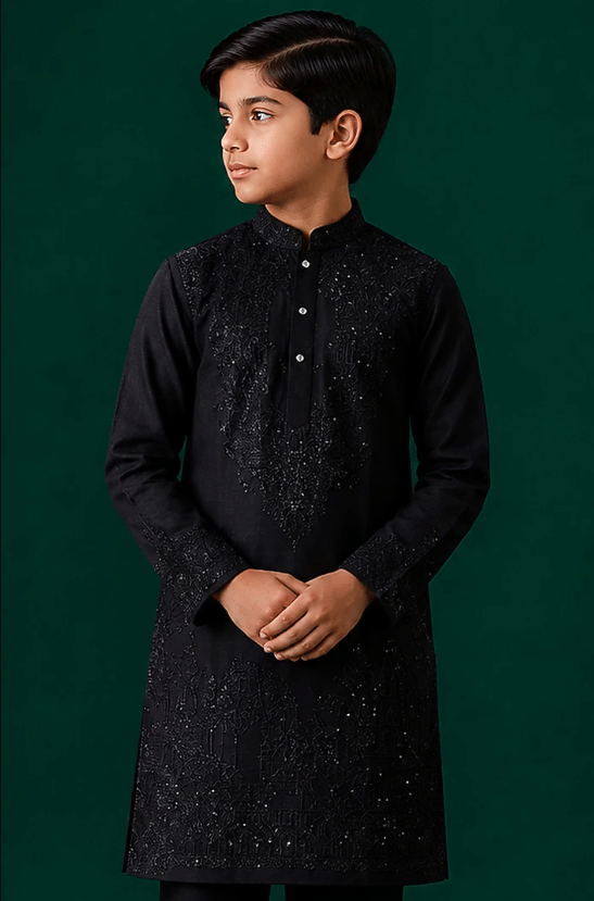 Black Tussar Hand & Machine Embroidered Kurta Set For Boys - Image 3