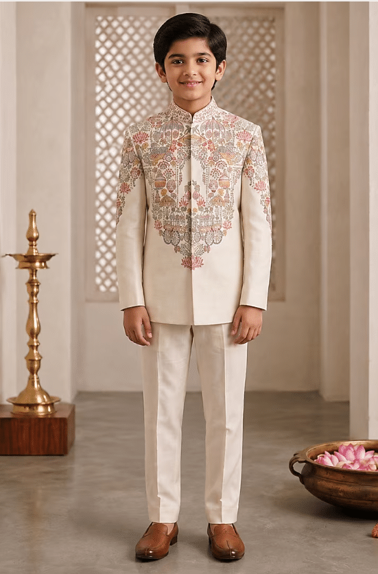 Ivory Raw Silk Resham Embroidered Bandhgala Set For Boys