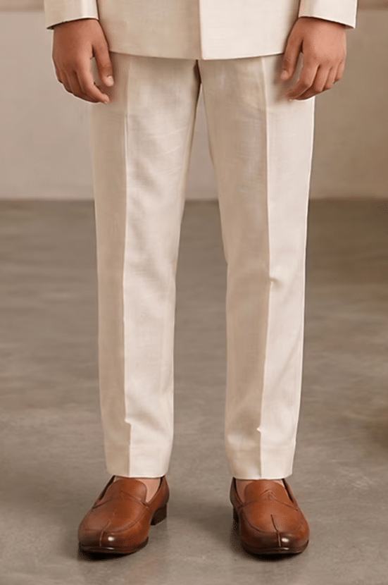 Ivory Raw Silk Resham Embroidered Bandhgala Set For Boys - Image 3