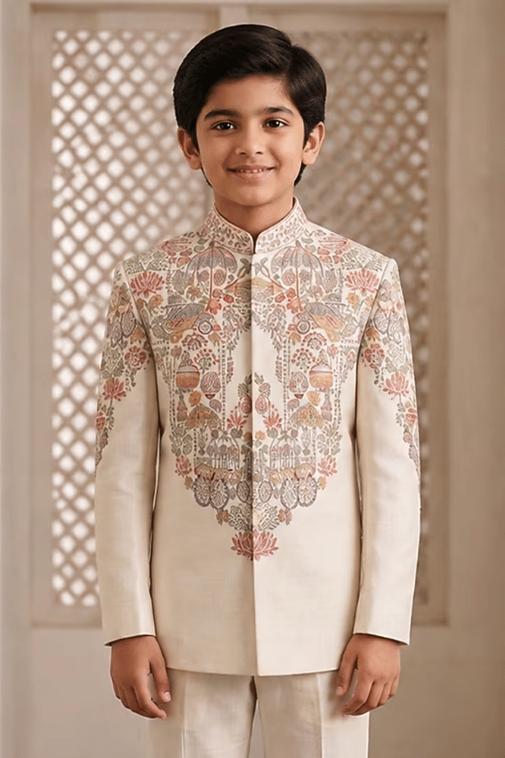 Ivory Raw Silk Resham Embroidered Bandhgala Set For Boys - Image 4