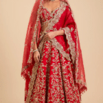 Red Dupion Silk Marori & Zardosi Embroidered Lehenga Set