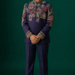 Blue Tussar Embroidered Bandhgala Set For Boys