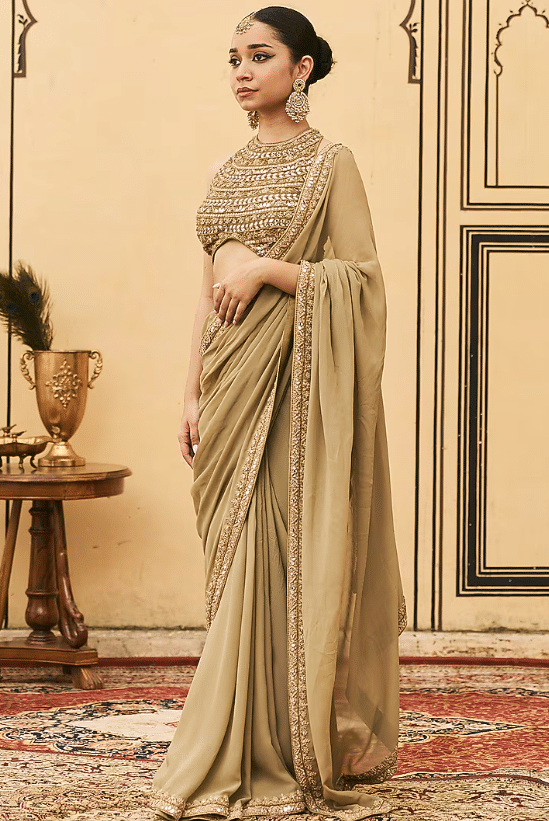 Olive Green Organza Embroidered Draped Saree Set