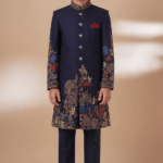 Blue Tussar Hand & Machine Embroidered Sherwani Set For Boys