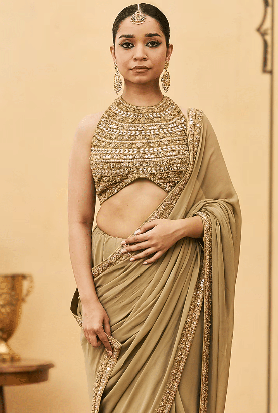 Olive Green Organza Embroidered Draped Saree Set - Image 3