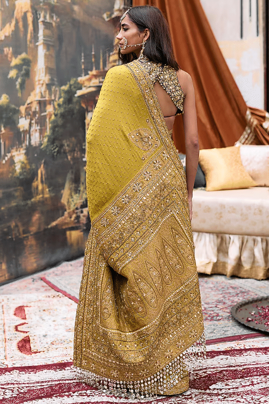 Yellow & Purple Raw Silk Embroidered Saree Set - Image 3