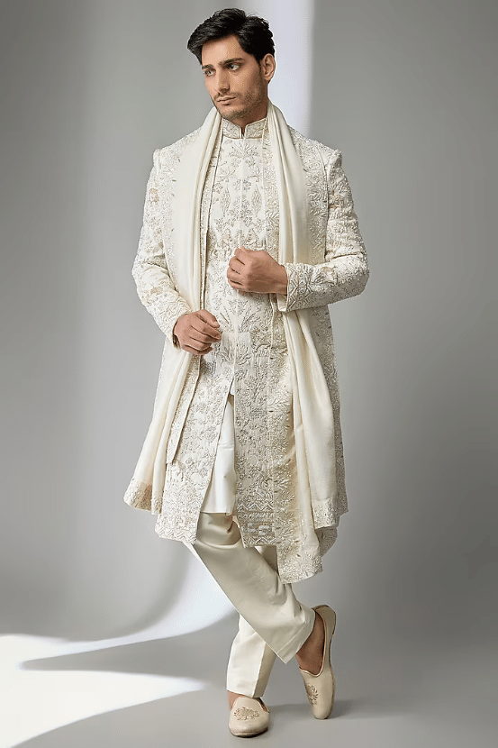 Ivory Silk Hand Embroidered Sherwani Set