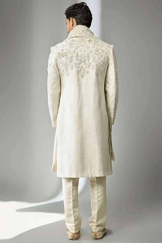 Ivory Silk Hand Embroidered Sherwani Set - Image 2