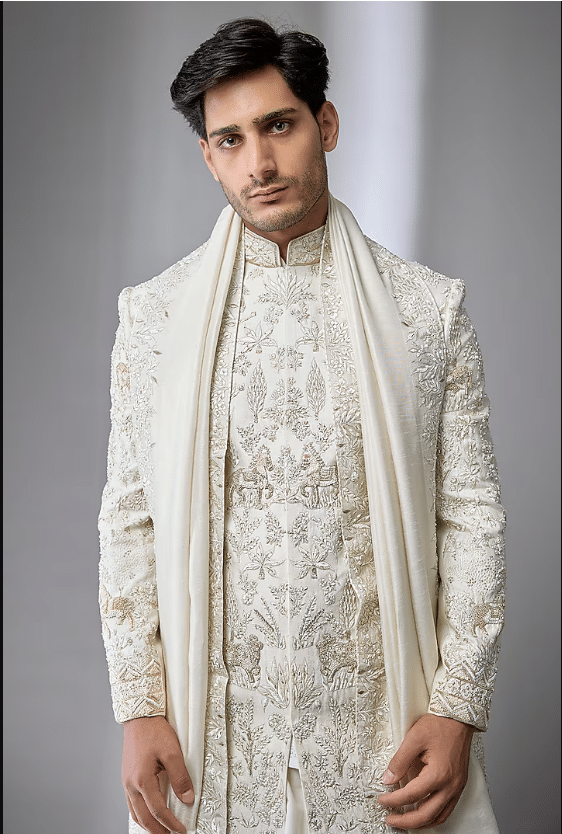 Ivory Silk Hand Embroidered Sherwani Set - Image 4