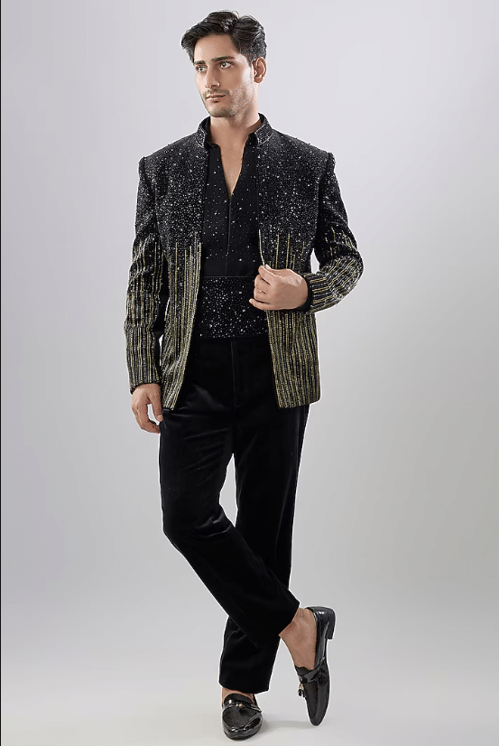Black Velvet Thread Embellished Indowestern Set