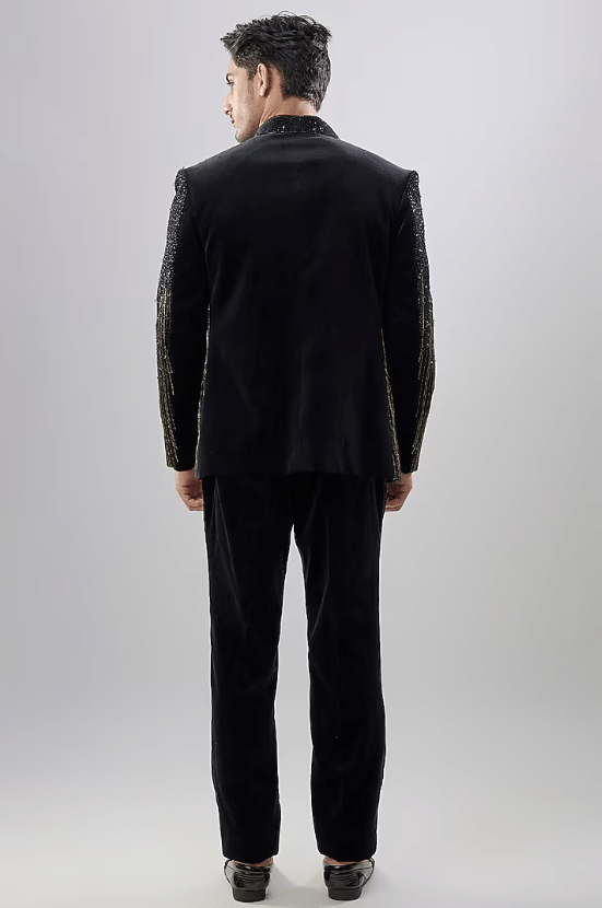 Black Velvet Thread Embellished Indowestern Set - Image 2