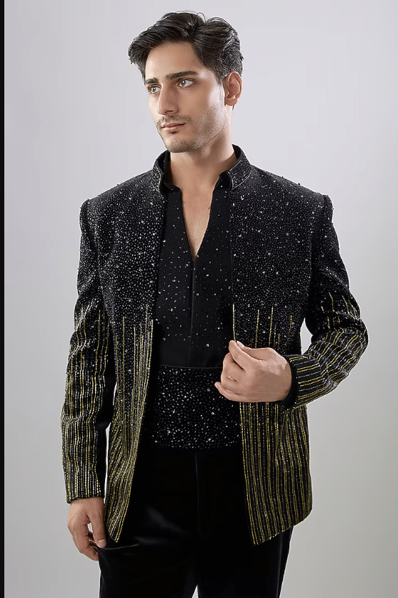 Black Velvet Thread Embellished Indowestern Set - Image 3