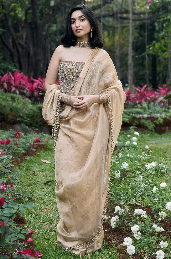 Gold Tissue Embellished Pre-Draped Saree Set
