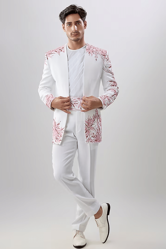 White Rayon Cotton Indowestern Jacket Set