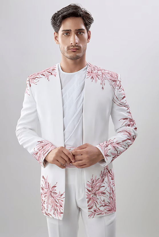 White Rayon Cotton Indowestern Jacket Set - Image 4