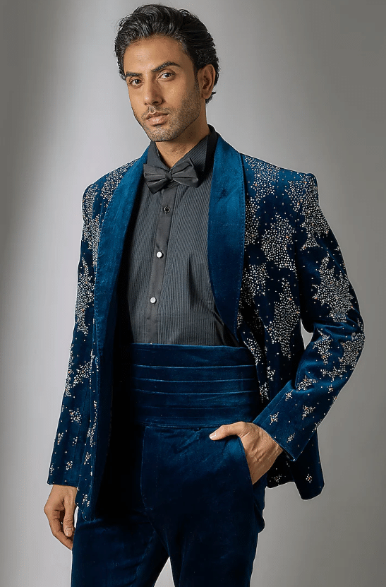 Teal Blue Velvet Tuxedo Set - Image 4