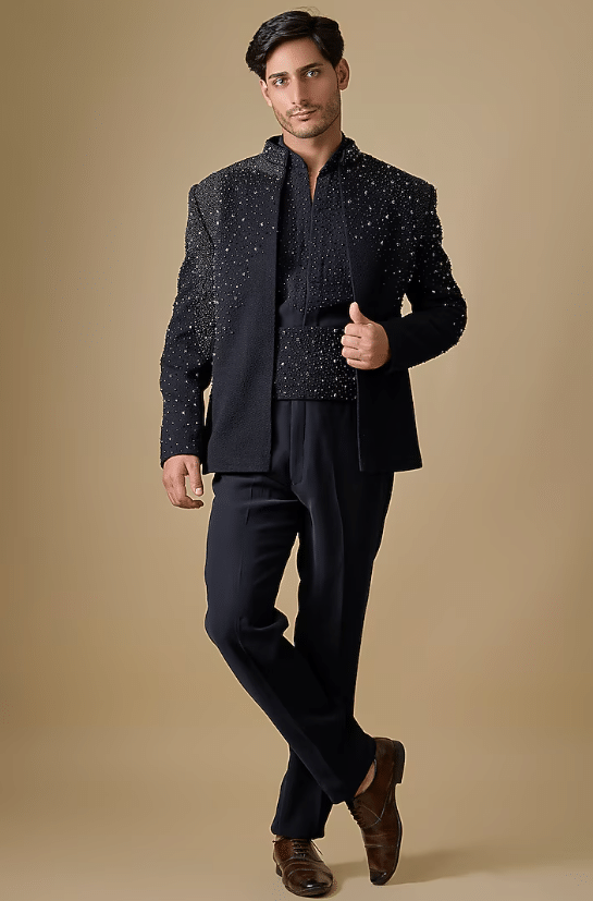 Navy Silk Indowestern Jacket Set