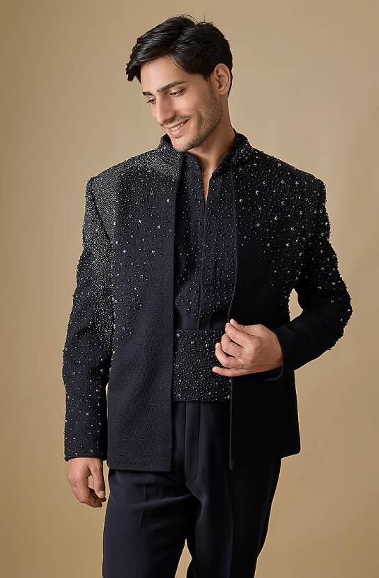 Navy Silk Indowestern Jacket Set - Image 4