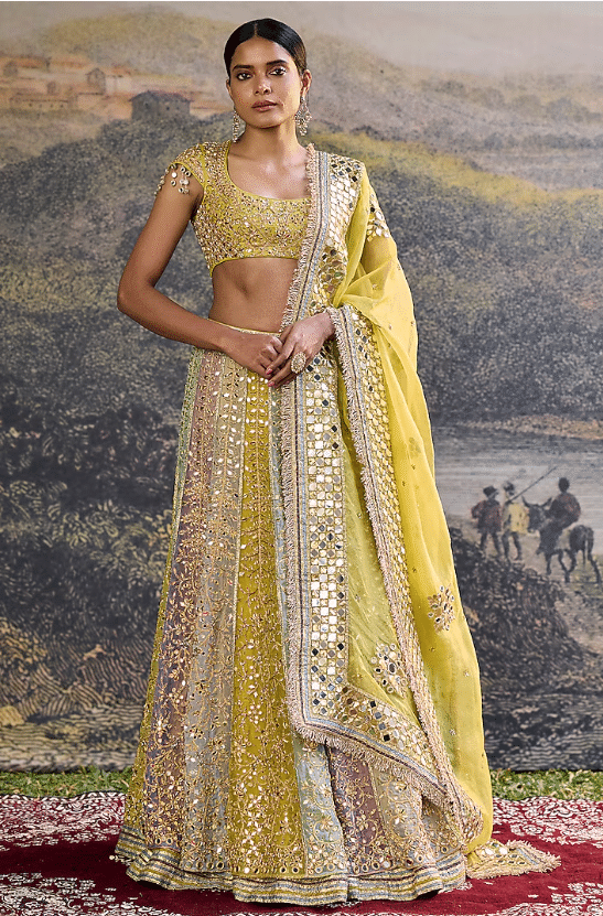 Multi-Colored Organza Mirror Work Layered Lehenga Set