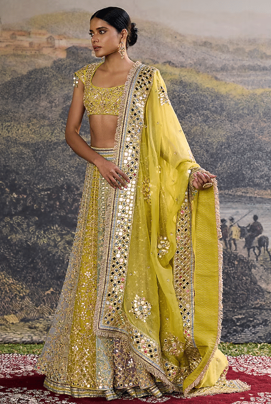 Multi-Colored Organza Mirror Work Layered Lehenga Set - Image 3
