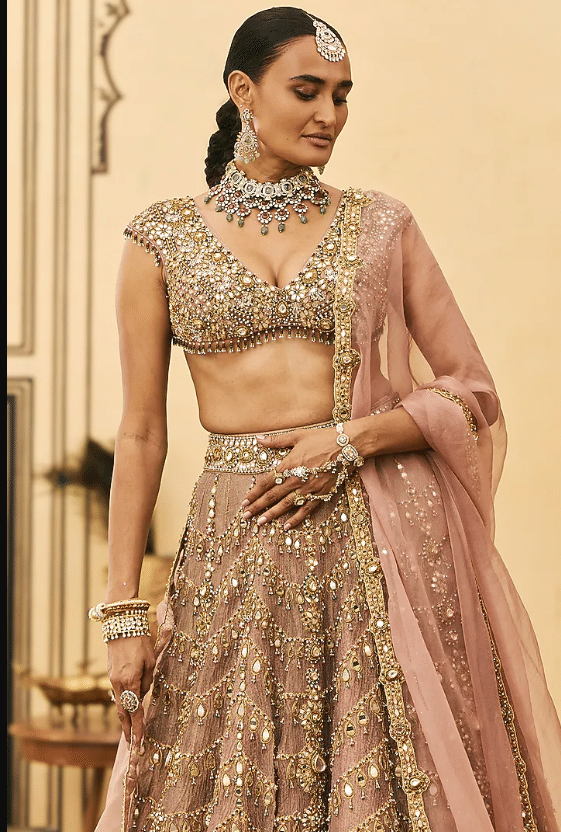 Pink Tissue Embroidered Lehenga Set - Image 3