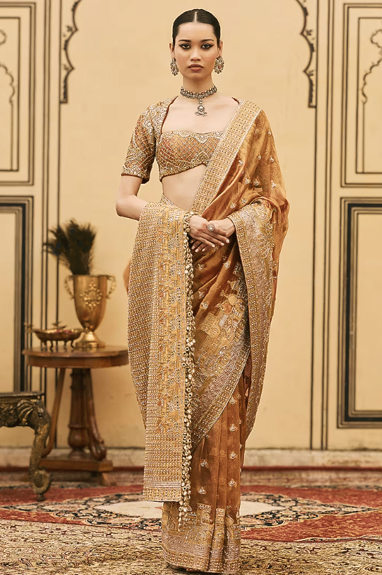 Peach Tissue Brocade Embroidered Saree Set