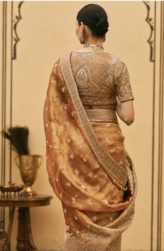 Peach Tissue Brocade Embroidered Saree Set - Image 2