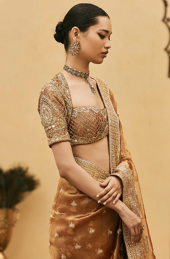 Peach Tissue Brocade Embroidered Saree Set - Image 3