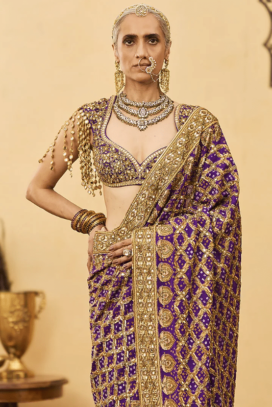 Purple Georgette Ombre Saree Set - Image 3
