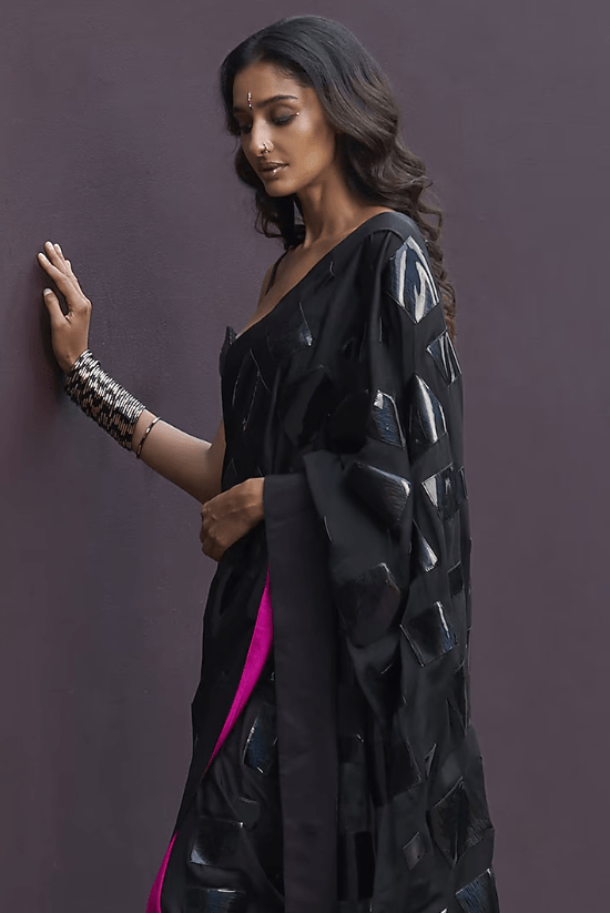 Hot Pink & Black Georgette Applique Embroidered Draped Saree Set - Image 3