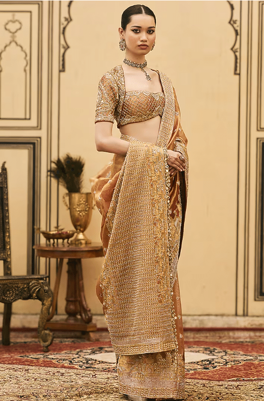 Peach Tissue Brocade Embroidered Saree Set - Image 4