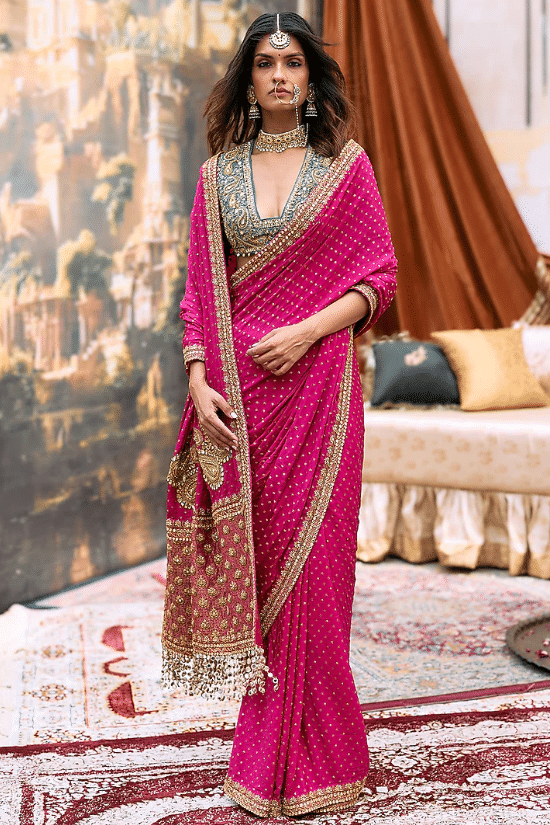 Pink & Turquoise Raw Silk Embroidered Saree Set