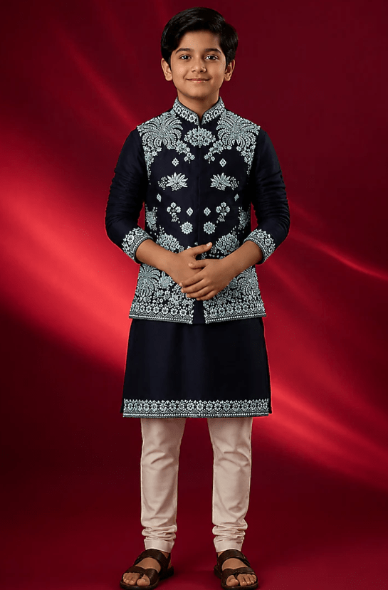 Blue Tussar Resham & Thread Work Bundi Jacket Set For Boys
