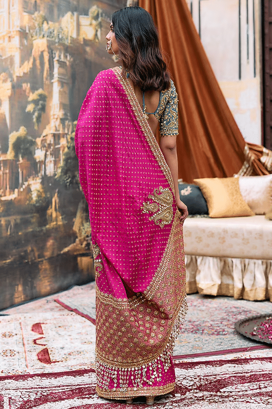 Pink & Turquoise Raw Silk Embroidered Saree Set - Image 2