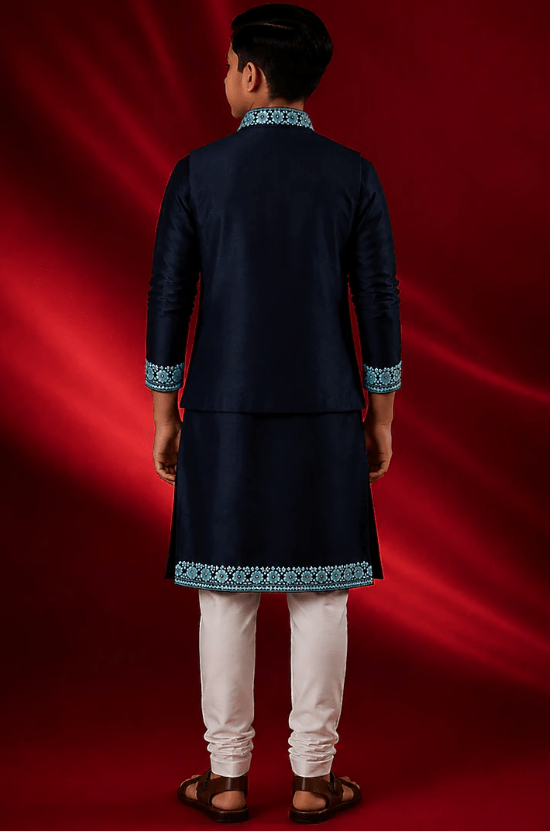 Blue Tussar Resham & Thread Work Bundi Jacket Set For Boys - Image 2