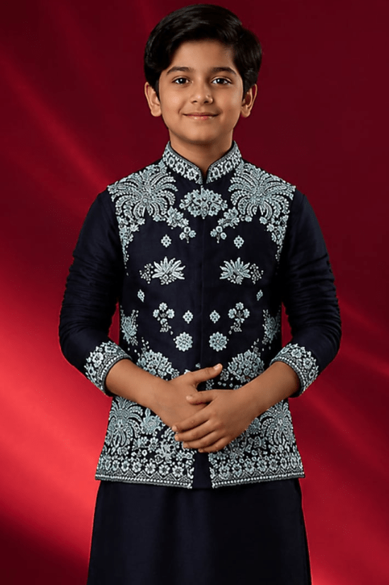 Blue Tussar Resham & Thread Work Bundi Jacket Set For Boys - Image 3