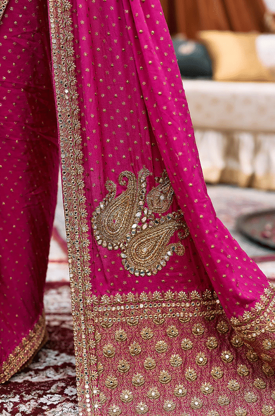 Pink & Turquoise Raw Silk Embroidered Saree Set - Image 4