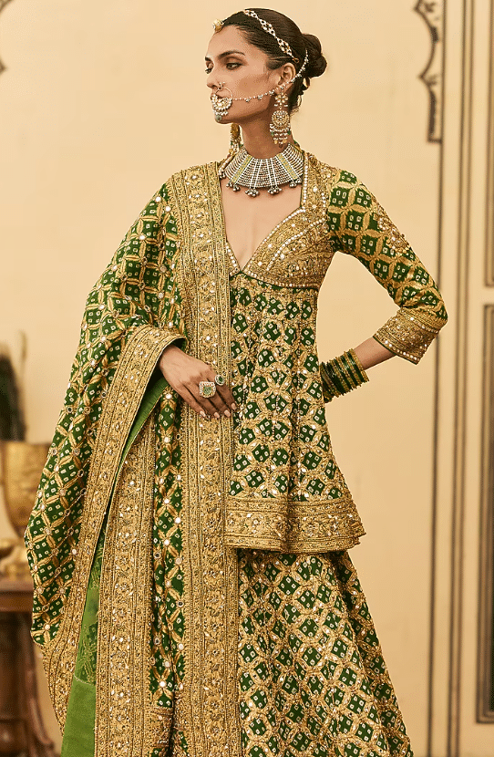 Green Bandhani Embroidered Sharara Set - Image 3