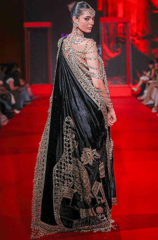 Black Velvet Embroidered Saree Set - Image 2
