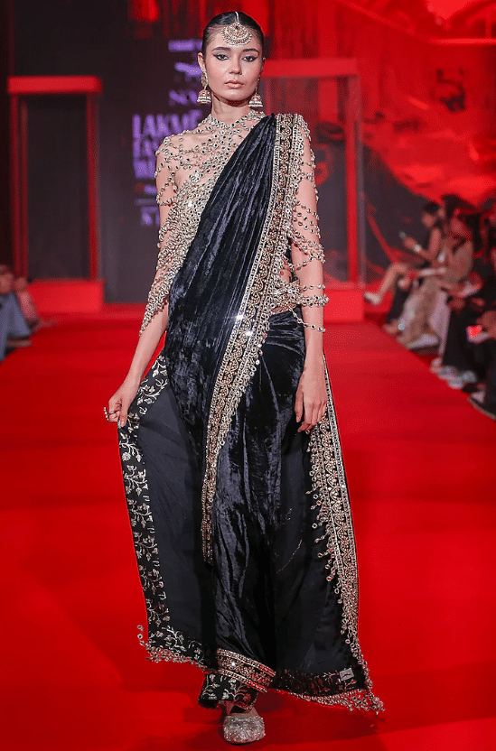 Black Velvet Embroidered Saree Set - Image 3