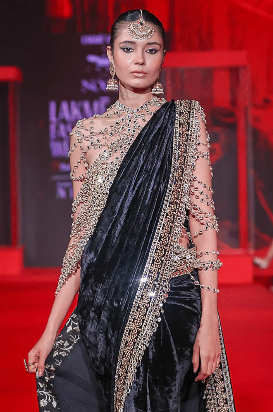 Black Velvet Embroidered Saree Set - Image 4