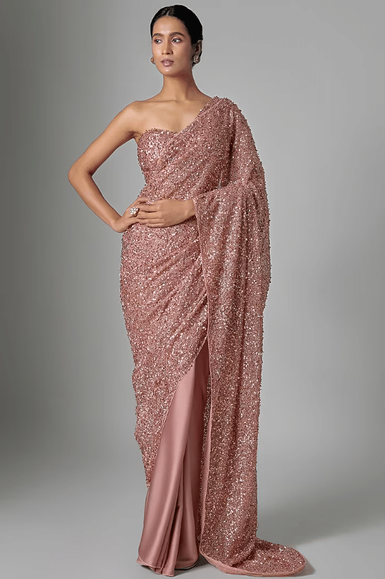 Peach Satin Sequin Embellished Saree Set