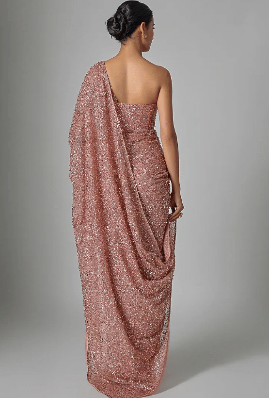 Peach Satin Sequin Embellished Saree Set - Image 2