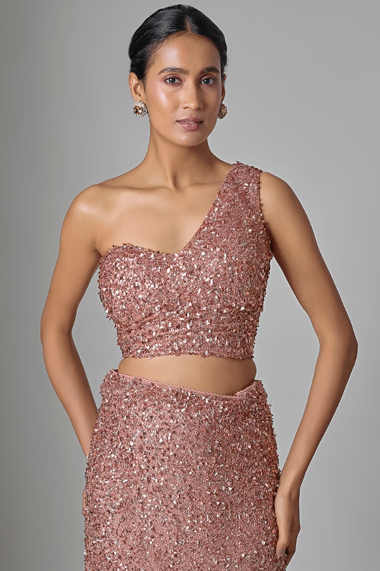 Peach Satin Sequin Embellished Saree Set - Image 3