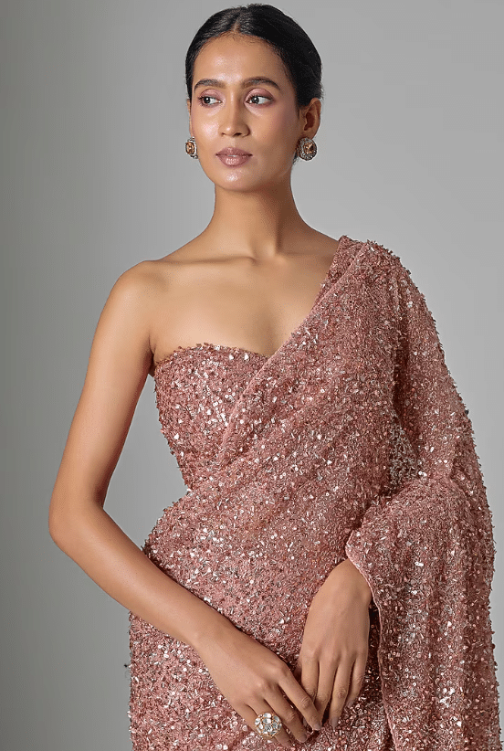 Peach Satin Sequin Embellished Saree Set - Image 4