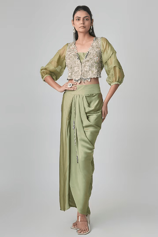 Sea Green Tissue Resham & Mukaish Embroidered Jacket Set
